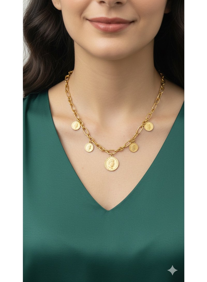 ورد سبيكة/سلسلة رقبة بوهيمية مطلية بالذهب بتصميم دوائر معدنية متدلية - أنيقة وعصرية. - Image 2